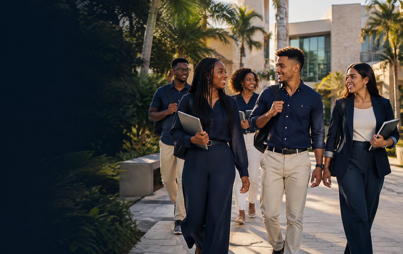 Diverse university students walking through a modern academic setting